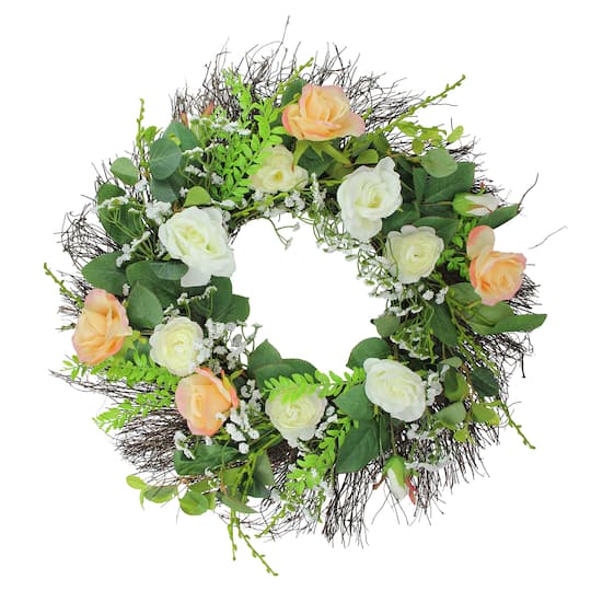 Rose and Foliage Artificial Spring Wreath - 24" Unlit By Northlight in Green | Michaels®